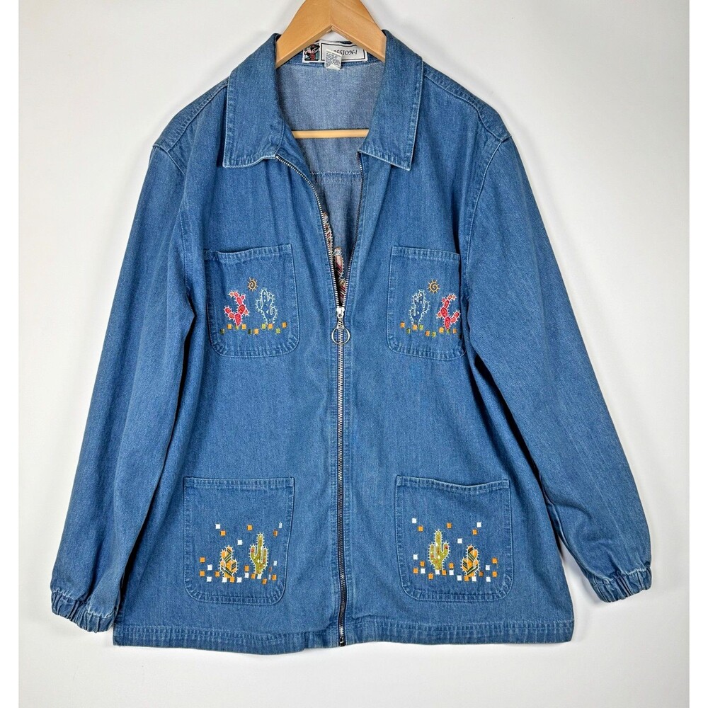 Vintage Passion-I Denim Jacket Womens M Embroidered Cactus Southwestern‎ Western